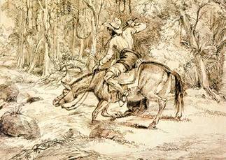 Tropeiro paulista atravessando um rio, 1827: desenho de Charles Landseer (Iconografia Paulistana do Séc. XIX, 1998, Metalivros/BMeF, SP/SP)